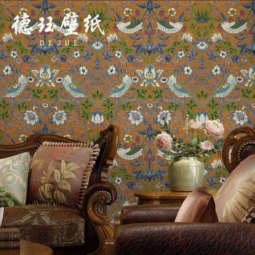 复古美式乡村田园花鸟墙纸客厅卧室电视背景墙中式壁纸古典民族风