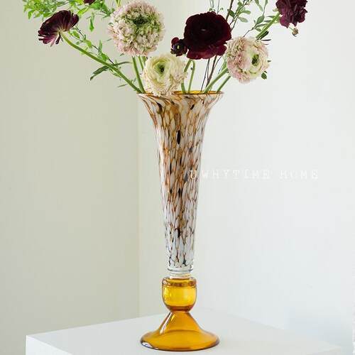 中古花瓶vintage琥珀高脚高级手工琉璃艺术花器插花摆件