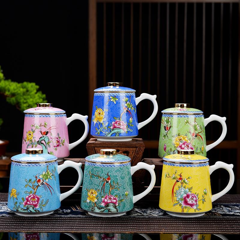掐丝描金珐琅彩杯陶瓷马克杯带盖过滤茶水分离会议室水杯青花瓷