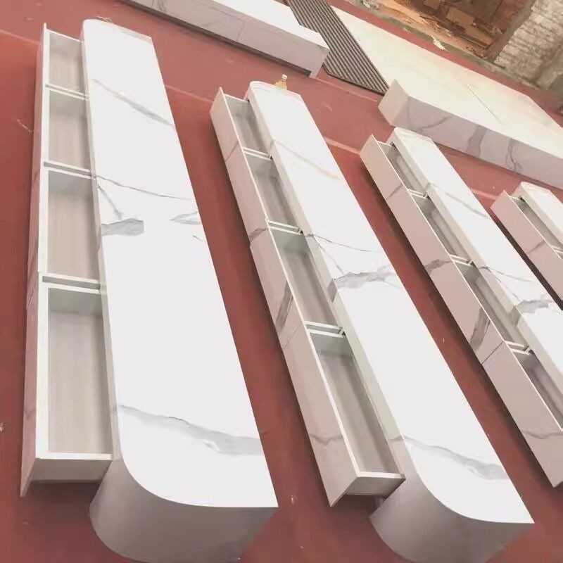 哑光白热弯弧形圆角岩板电视柜带抽屉落地悬空海棠角定制
