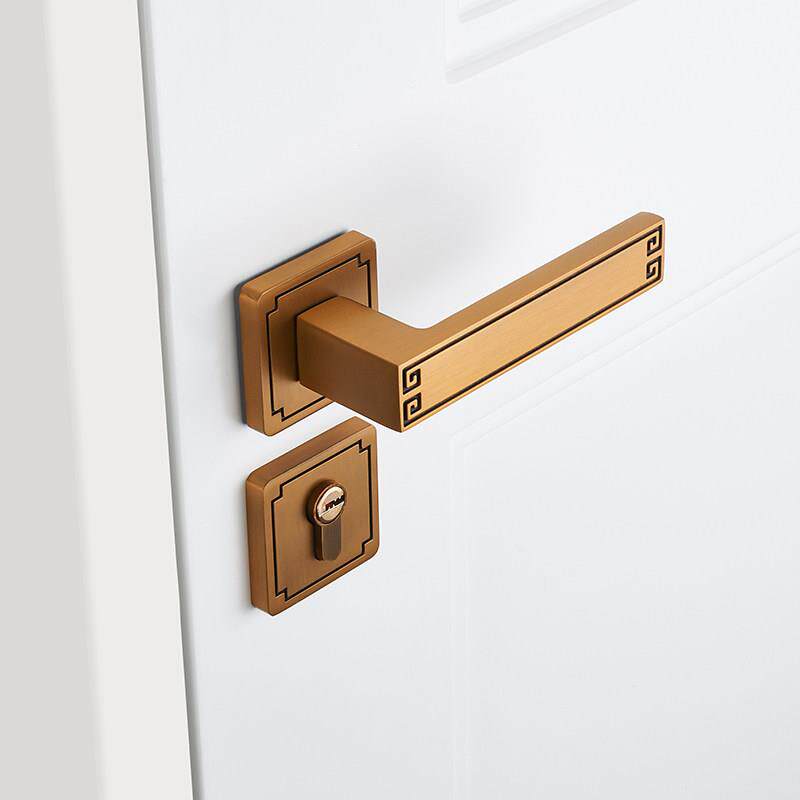 新中式房门锁卧室房门锁磁吸静音古铜两件式门把手金色房间木门锁