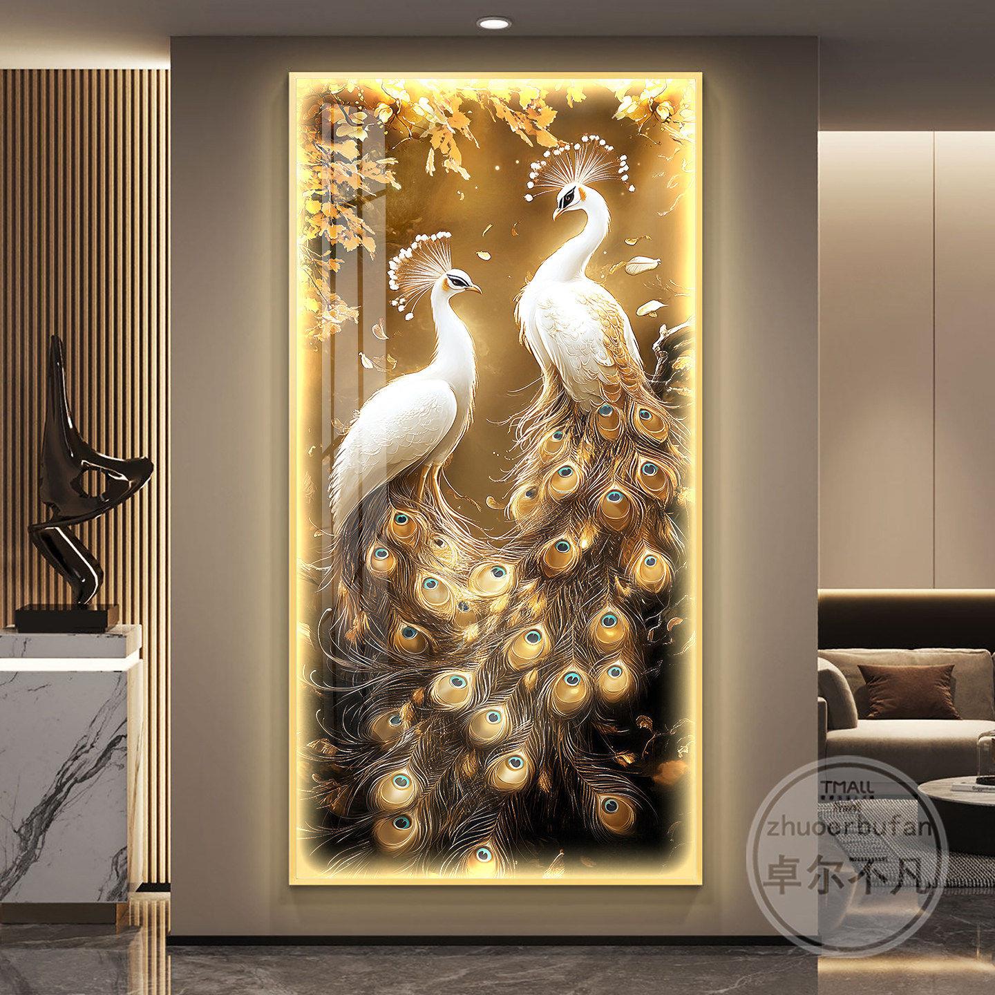 孔雀轻奢led带灯入户玄关装饰画走廊过道挂画壁画简约现代高级感