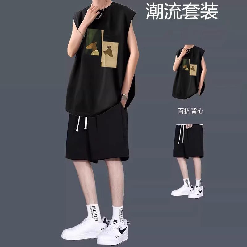 夏季无袖坎肩棉背心T恤男生搭配冰丝短裤青少年潮流休闲运动套装