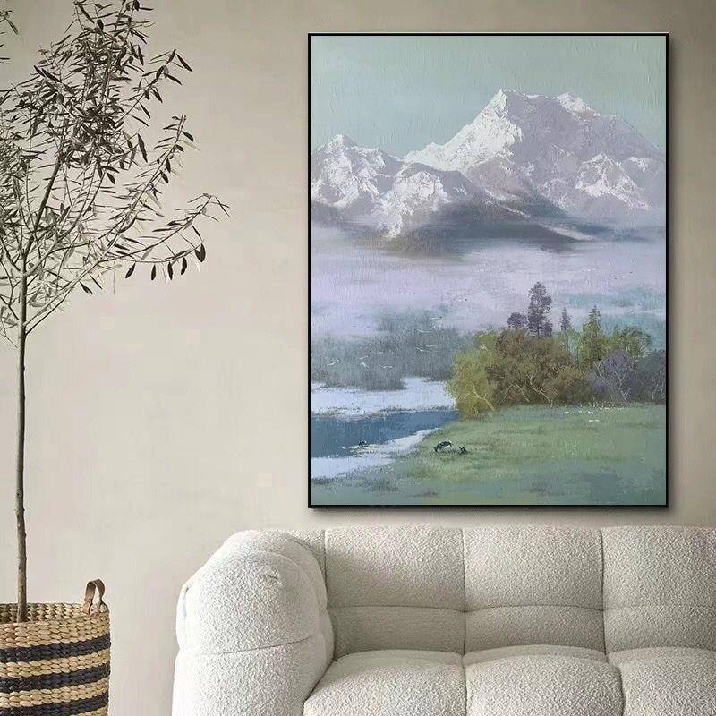 纯手绘风景油画现代简约客厅进门入户玄关壁画手工绘制雪山挂画