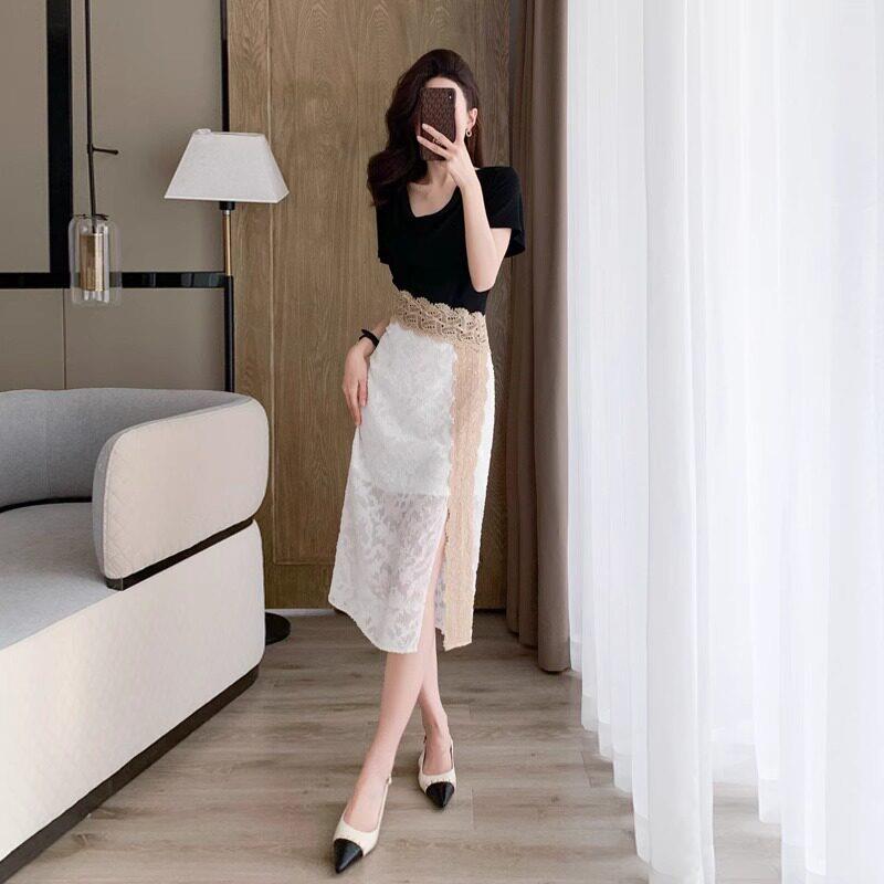 欧洲站法式黑色拼接蕾丝洋装女2025夏季新款收腰洋派减龄长裙子