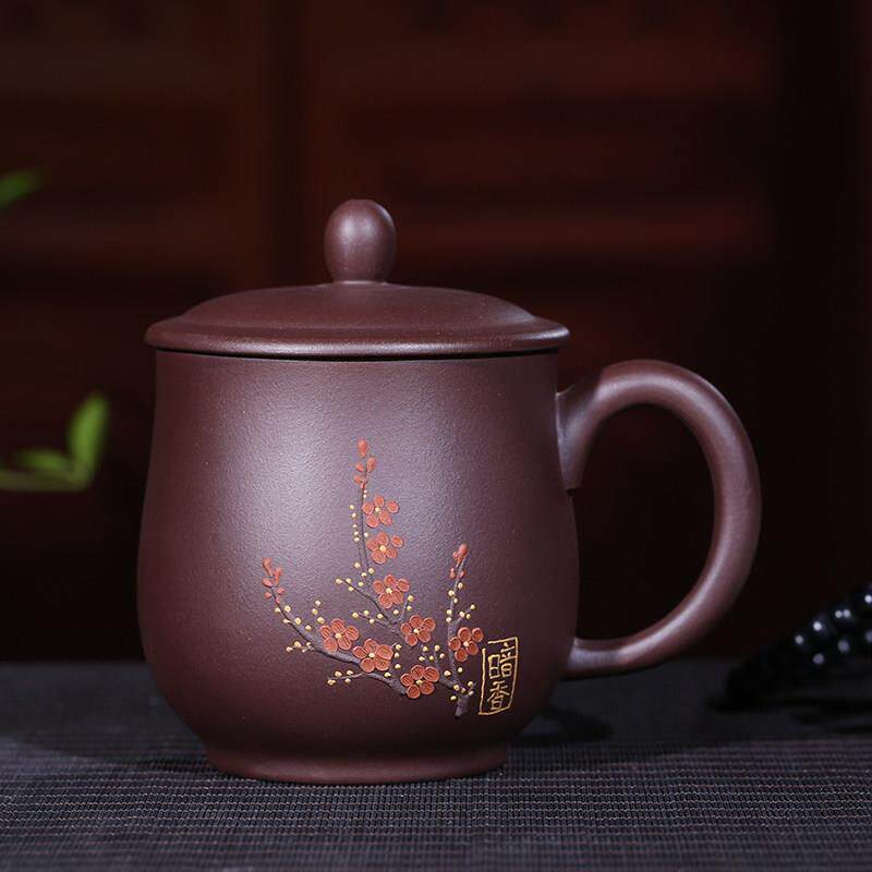正品宜兴原矿紫泥大茶杯全手工 梅花杯 紫砂盖杯茶水杯子带盖子茶