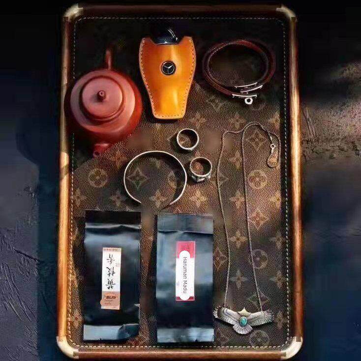 文玩托盘老花皮革带标胡桃木托盘珠宝首饰展示盘长方形实木收纳盘