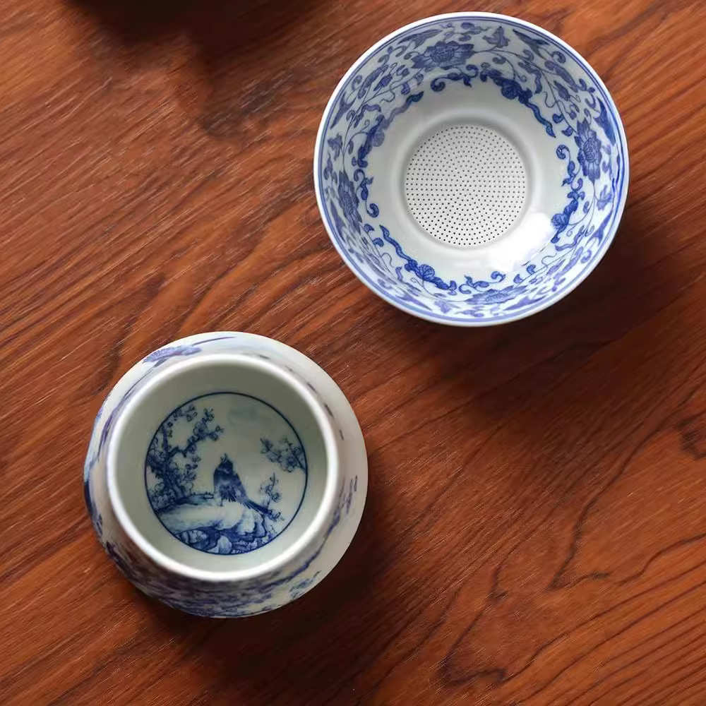 景德镇复古青花花鸟茶漏陶瓷茶滤家用茶隔全瓷一体茶叶过滤网零配