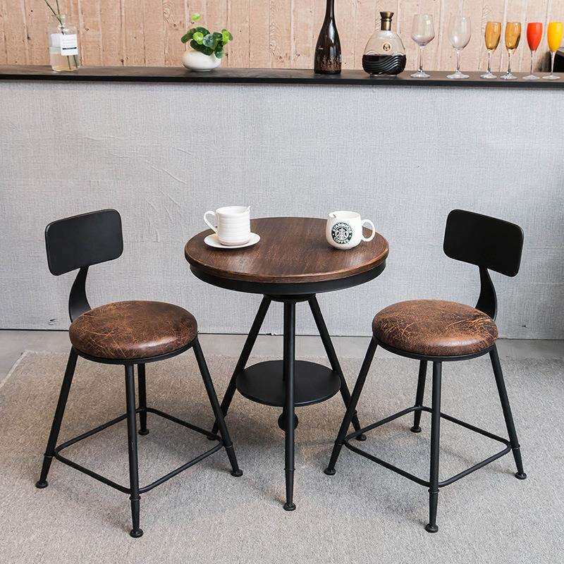 复古实木小圆桌休闲奶茶店洽谈桌椅组合简约铁艺阳台小圆桌三件套