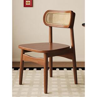 法式覆古全实木餐桌椅靠背餐椅中古休闲家用藤编软包椅子网红凳子