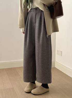 言双 复古高腰毛呢阔腿裤女秋冬韩系百搭宽松直筒长裤九分裤82181