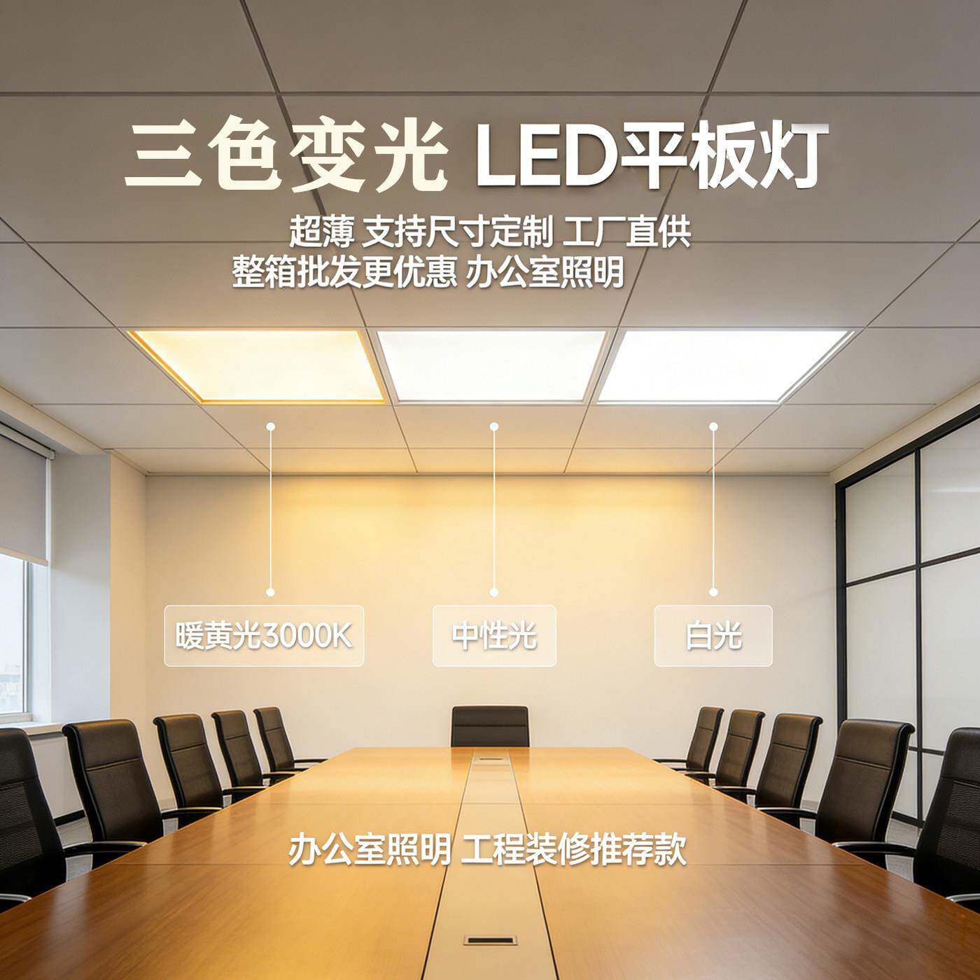 三色变光led平板灯集成吊顶600x600暖光面板灯嵌入式铝扣板办公灯图片