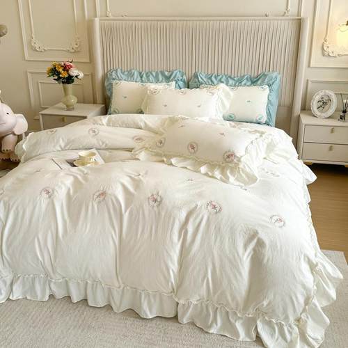法式公主风水洗棉床上四件套刺绣被套少女心床单人床品三件套少女