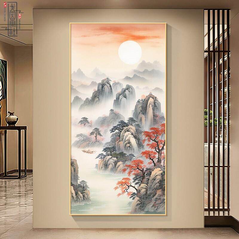 旭日东升装饰画客厅玄关东墙挂画新中式日出壁画靠山图山水风景画