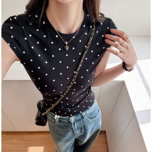 Polka dot small round neck shoulder short sleeved T-shirt,
