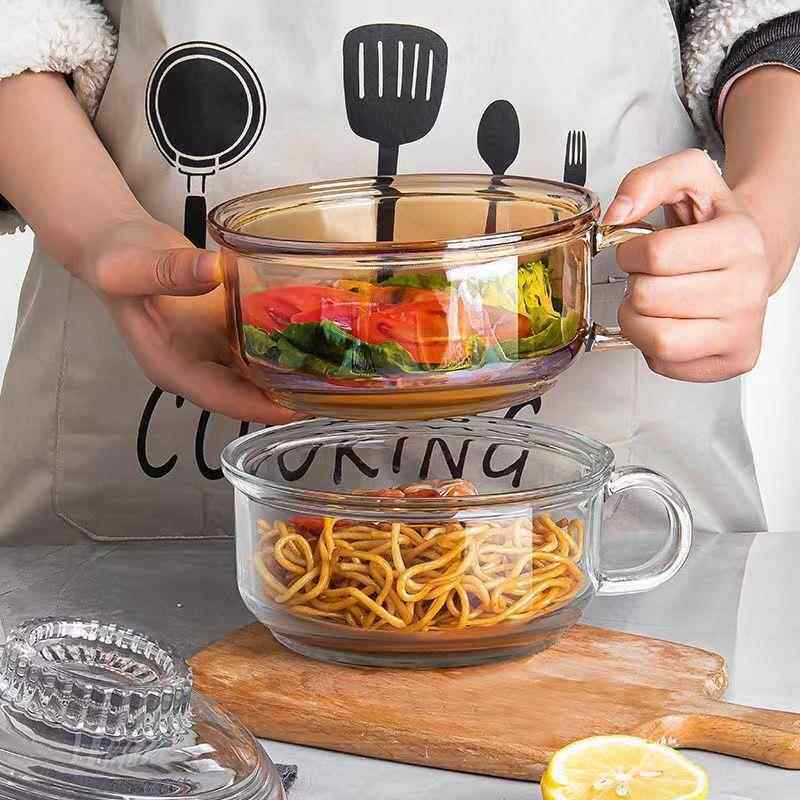 玻璃碗带把手泡面碗带盖饭碗透明耐高温专用有手柄个人食堂打饭盒