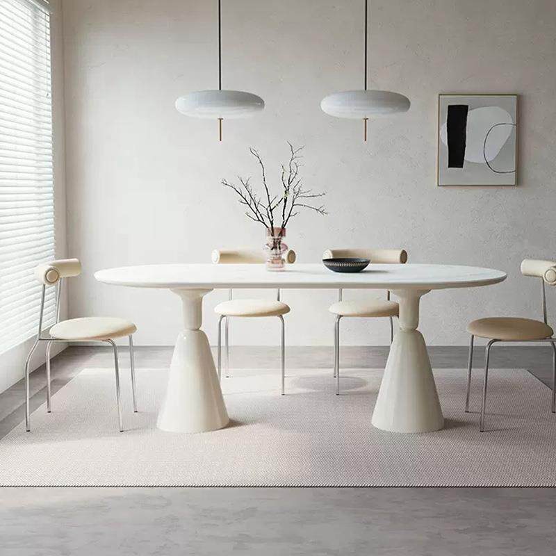 法式奶油风餐桌白色实木餐桌椅椭圆形中古岩板饭桌组合全实木