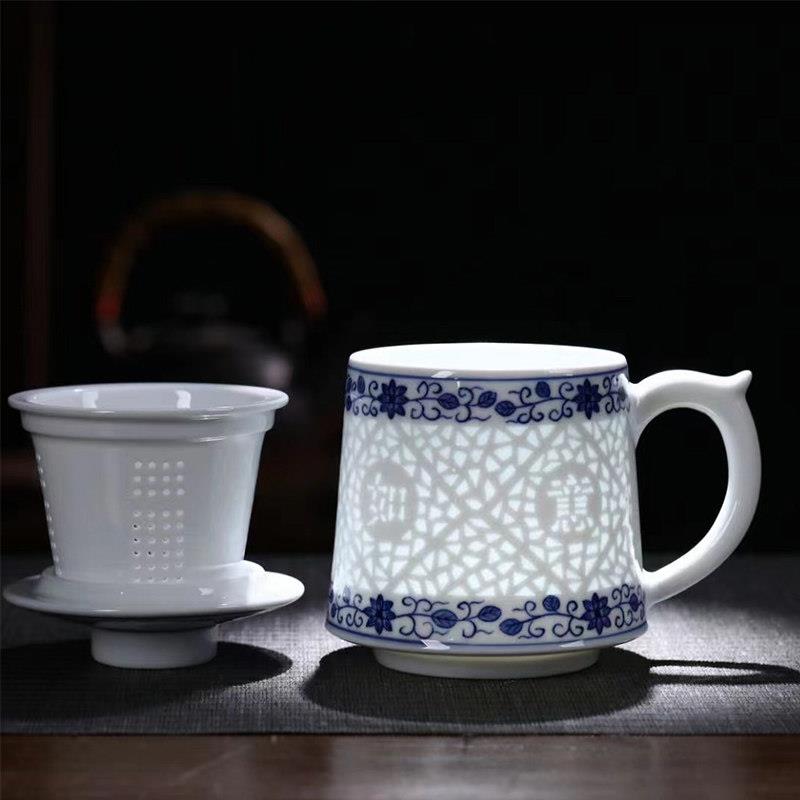 景德镇青花玲珑陶瓷泡茶杯茶水分离大容量办公杯家用带盖子陶瓷水