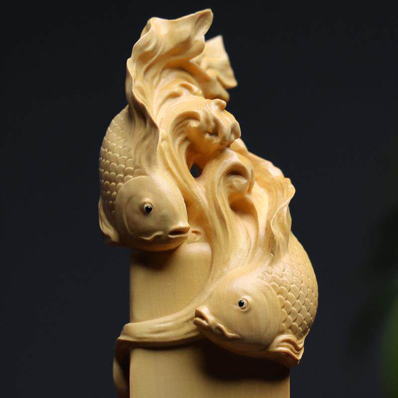 精品雕刻小叶黄杨木雕家居工艺品年年有鱼风水柱文玩把件送礼饰品