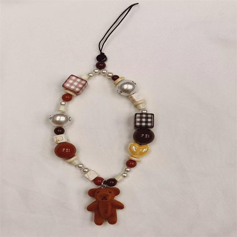 植绒小熊公仔咖啡色系手机链条串珠ccd挂绳卡通挂饰相机防丢绳