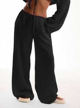 Women's Linen Fabric Fitted Pants with Front Tie Belt