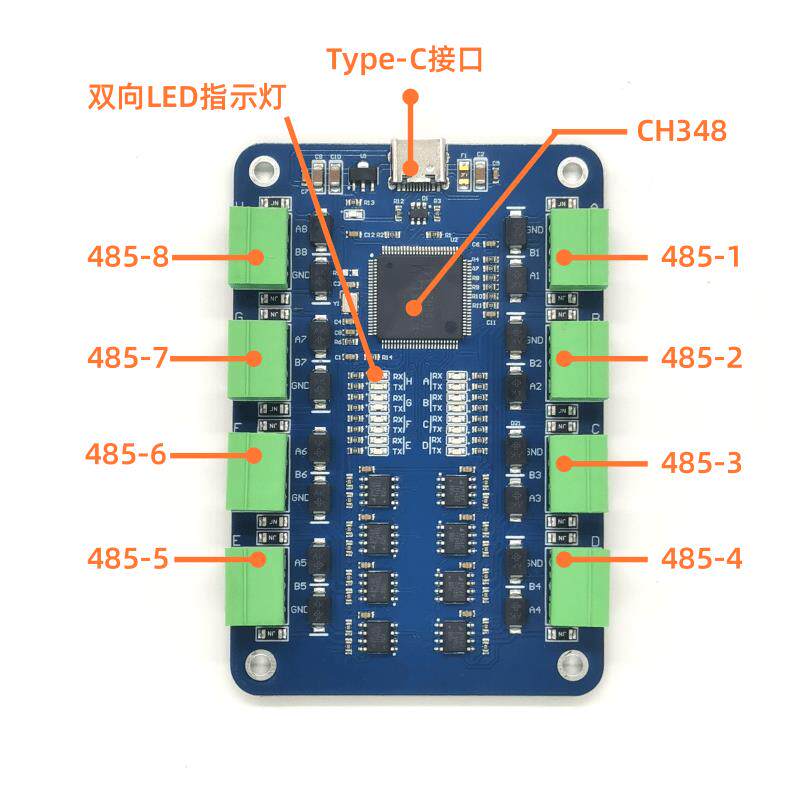 USB转8路RS485/TypeC转多路485串口转换器/CH348扩展模块EKU081AI