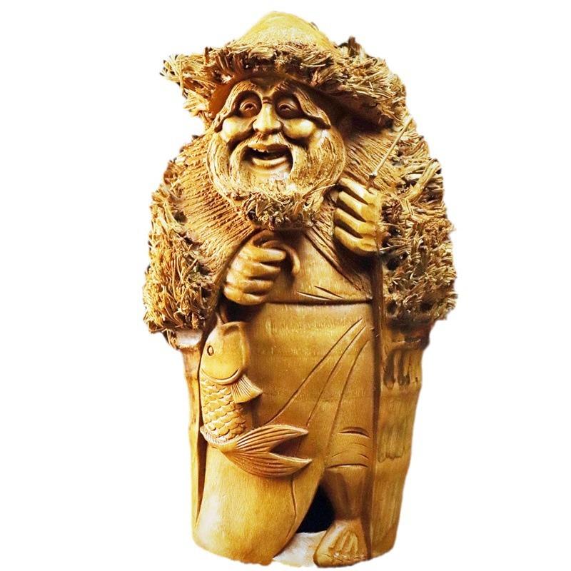 家居摆件手工工艺品竹根雕渔翁钓鱼老头整个竹子雕刻摆件文玩精品