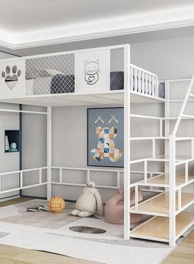 新款FZP艺高架床现代梯公寓上床柜下桌省空间铁阁楼复式铁架床上