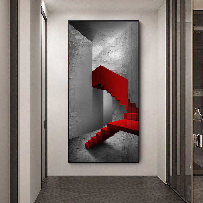 进门玄关画竖版楼梯过道挂画客厅装饰画北欧现代简约红色建筑壁画