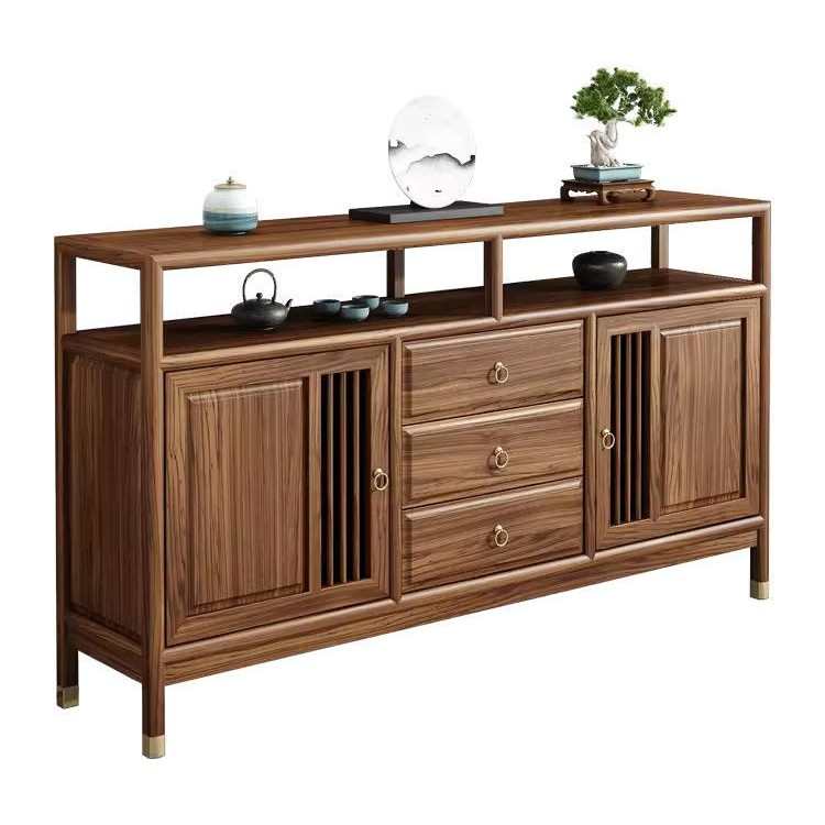 新中式餐边柜玄关柜酒柜茶水柜客厅实木靠墙柜榆木储物黑胡桃木色