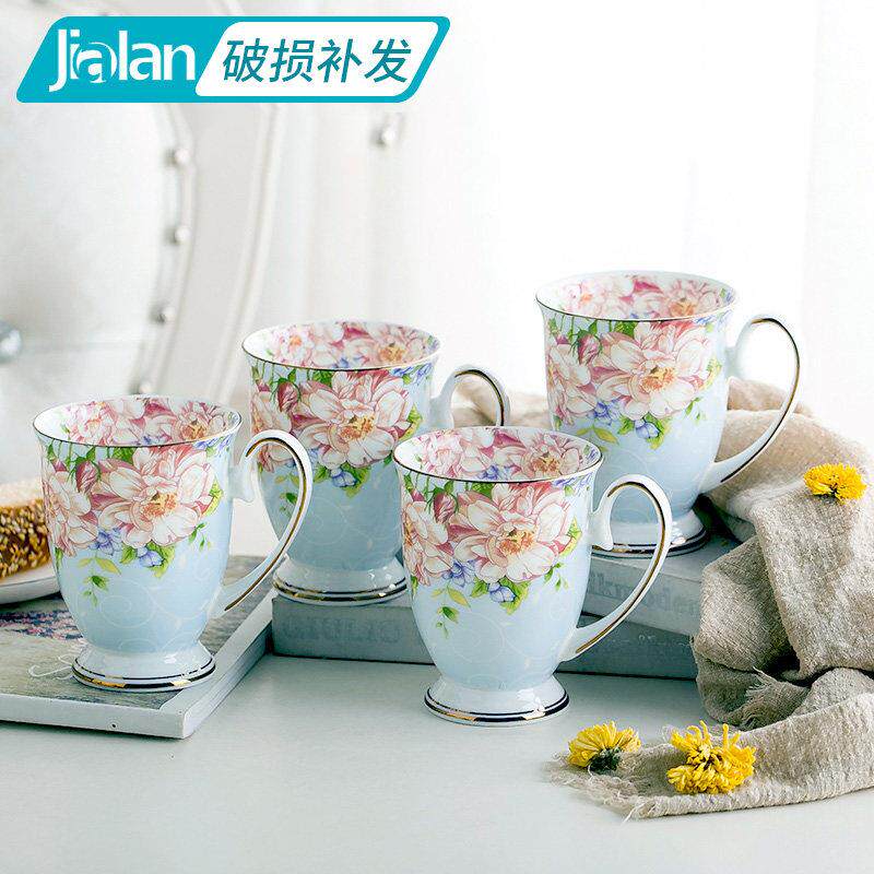 陶瓷茶杯套装家用欧式骨瓷水杯客厅喝水杯子4个装带盖子北欧马克
