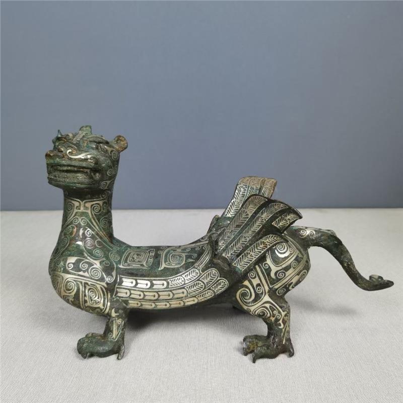 古青铜器双羽神兽错银工艺品家居摆件博古架收藏品