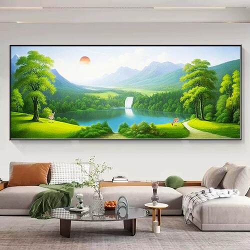 流水图风景画挂画生财现代青山绿水简约山水靠山客厅壁画装饰画