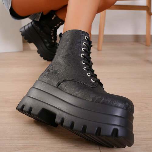 Valentine's Day Women's Square Toe Solid Color Lace Up Ankle
