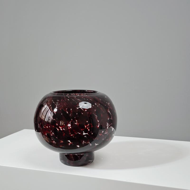 中古风红色绿色斑点球形花瓶摆件客厅插花玻璃高级感复古餐桌装饰