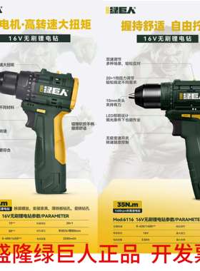 盛隆绿巨人无刷锂电钻16V大扭力50N充电式电钻电动螺丝起子6816