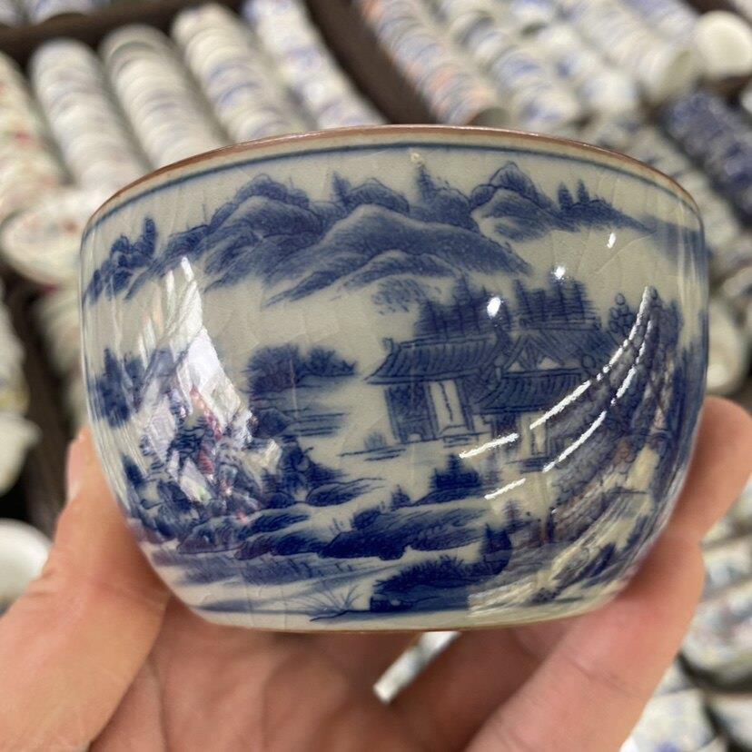 景德镇青花富春山居图主人杯单杯老陶泥茶杯陶瓷彷古中式品茗杯子