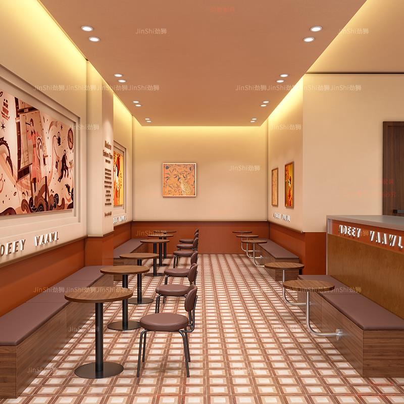 奶茶店长条凳蛋糕店沙发圆桌冷饮店靠墙卡座休息区实木椅桌椅组合