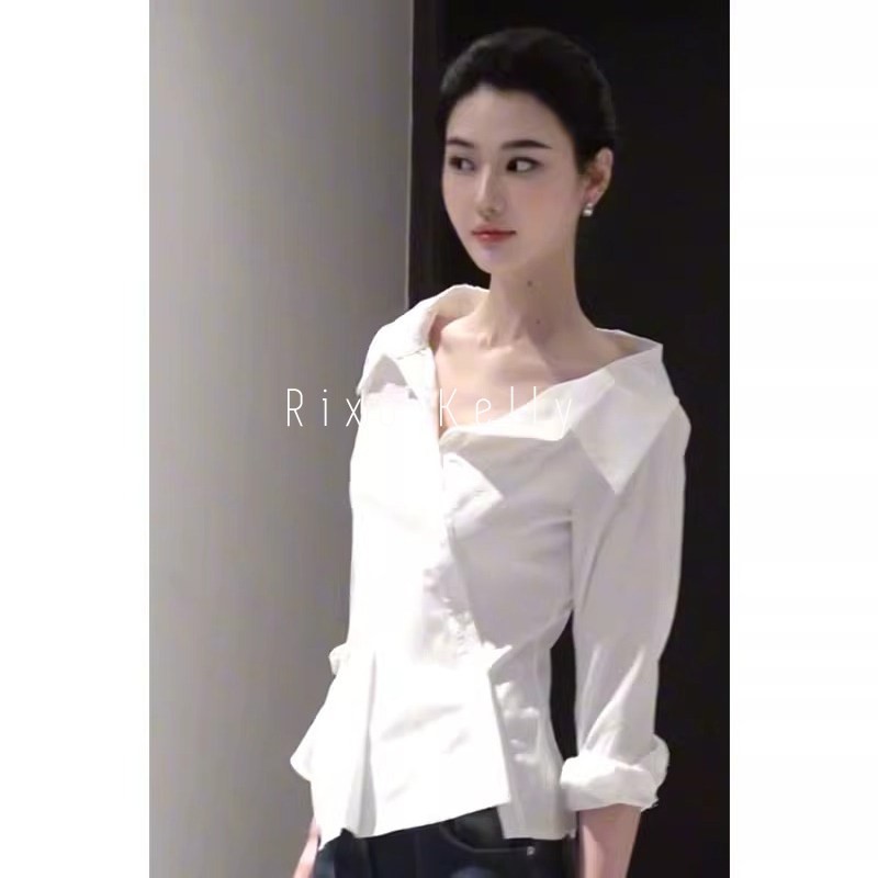 Rixo Kelly斜边扣露肩长袖衬衫新款设计感纯欲修身收腰女衬衫上衣