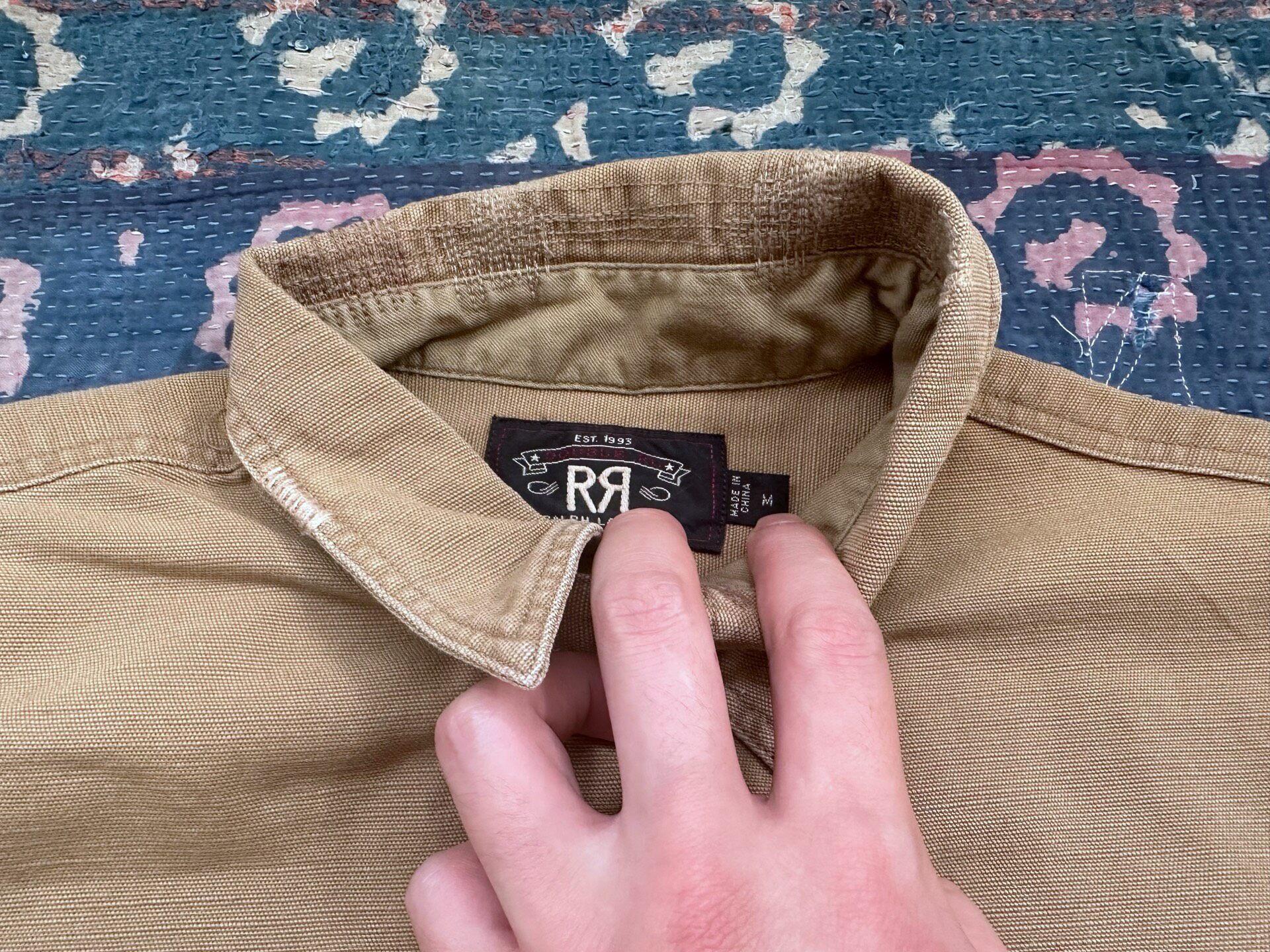 RRL Tan Distressed Long-Sleeve Work Shirt — detail