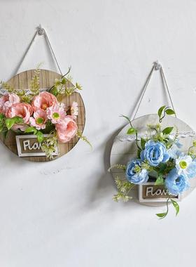 墙壁装饰花篮壁挂花盆装饰摆件客厅墙面插花花篮挂墙花篮圆木盒定