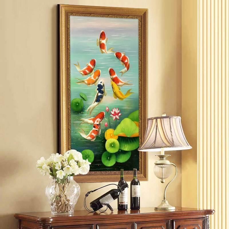 玄关油画九鱼图锦鲤荷花欧式壁炉餐厅过道挂画走廊中式有框装饰画