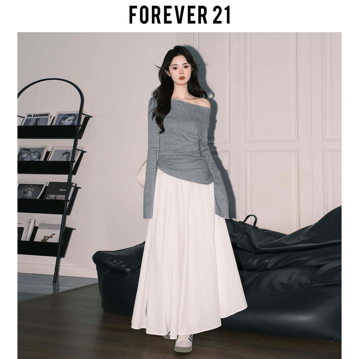 Forever21超好看白色A字大摆半身裙女春高腰休闲伞裙垂感仙女长裙