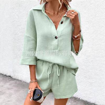 Spring Summer Womens Plain Button Front Short Sleeve Shirt