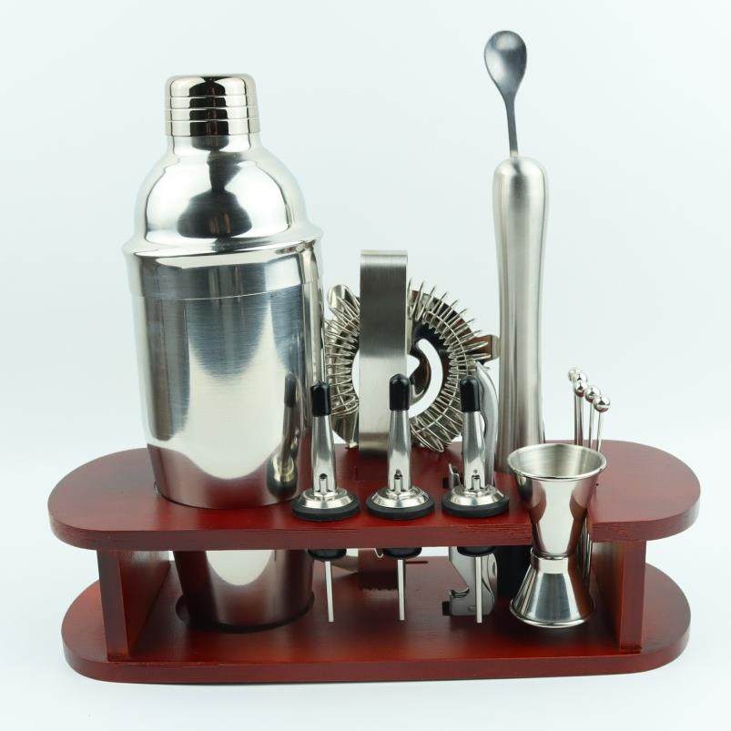 厂家跨境调酒器不锈钢套装16件套木底座调酒鸡尾酒调酒杯跨境热销