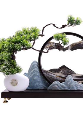 创意新中式流沙画摆件迎客松假山工艺品水墨江山酒柜玄关客厅