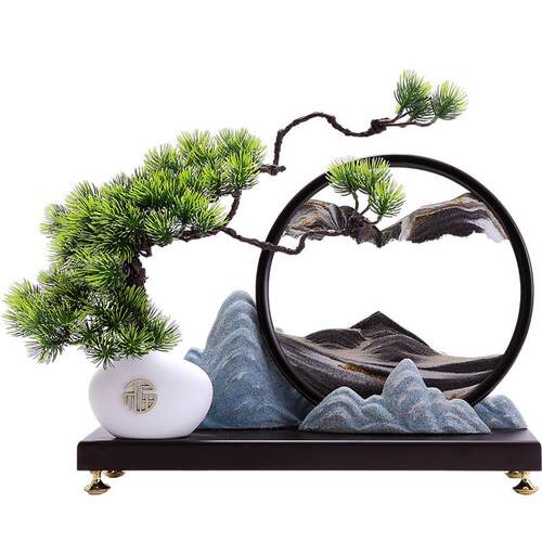 创意新中式流沙画摆件迎客松假山工艺品水墨江山酒柜玄关客厅