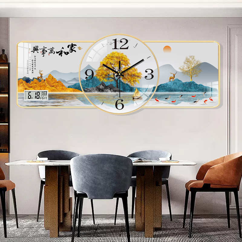 创意晶瓷画挂钟客厅挂墙钟表免打孔带日历静音时钟餐厅装饰画挂表
