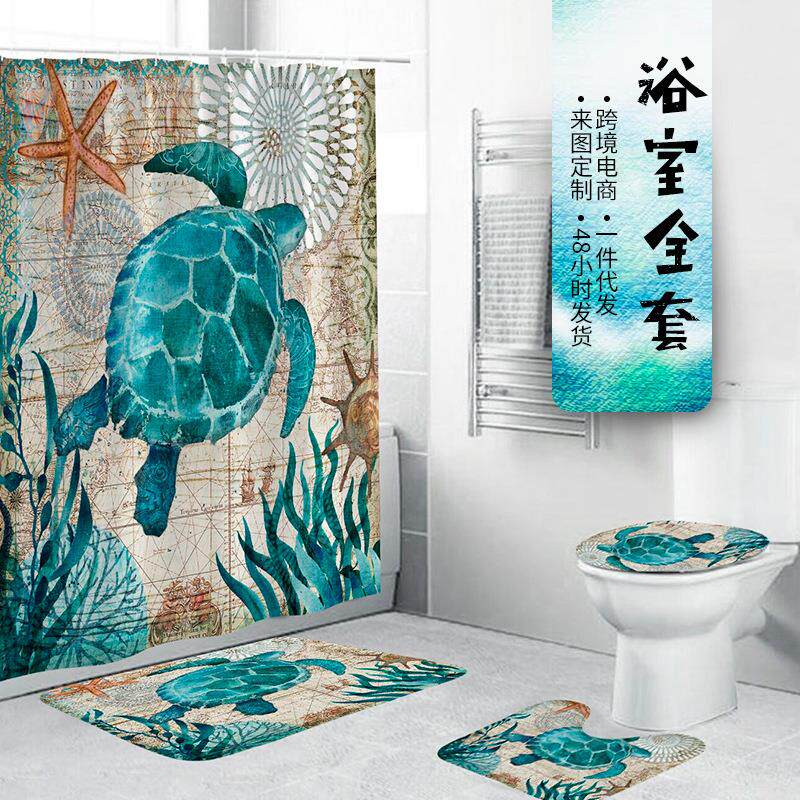 跨境供应 3D数码印花全涤纶防水浴帘 地垫马桶垫浴室三件套