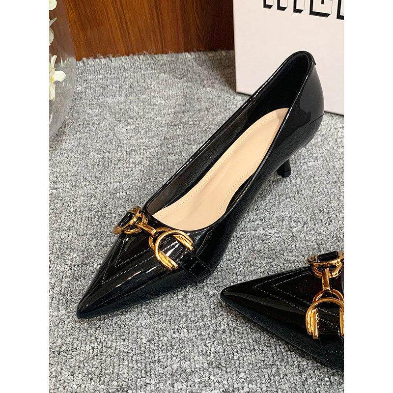 香港真皮法式尖头高跟鞋女细跟2026春夏新款漆皮浅口黑色低跟单鞋